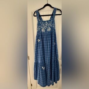 Madewell Blue Checkered Midi Dress with White Floral Embroidery